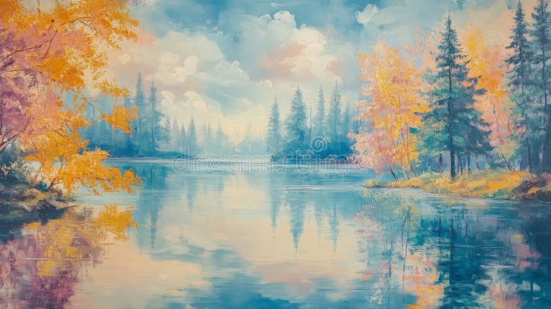 Serene Autumn Lake Scene Con Árboles Coloridos ilustración del vector