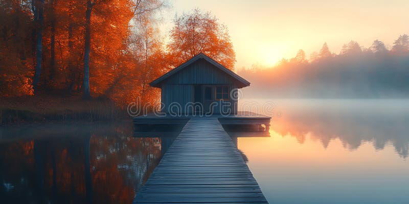 Serene Autumn Sunrise Lakeside Cabin Reflection vector illustratie