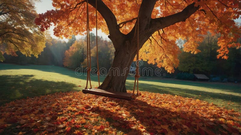 Serene Autumn Swing under Golden Maple Tree stock illustrationer