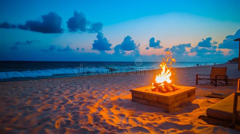 The serene beach is home to a glowing campfire, with softly illuminated waves and floating embers nearby royalty free stock images