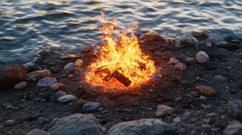 A serene beach hosts a glowing campfire, softly illuminating the waves and floating embers royalty free stock photography