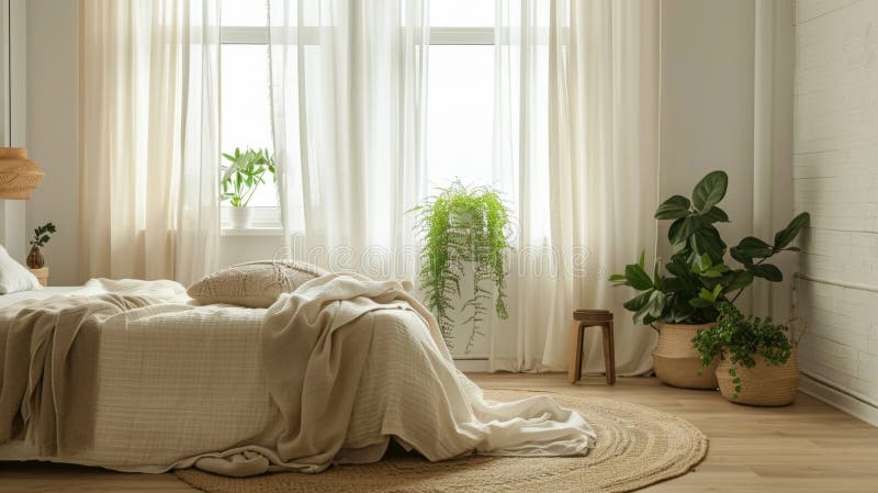A serene bedroom with a large window curtains and a few plants creating a connection with nature while maintaining a royalty free stock images