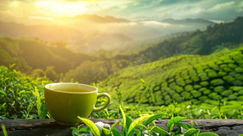 Serene bergsteplantering, grön tekopp på lush-fält perfekt för text med högkvalitativ bild vektor illustrationer