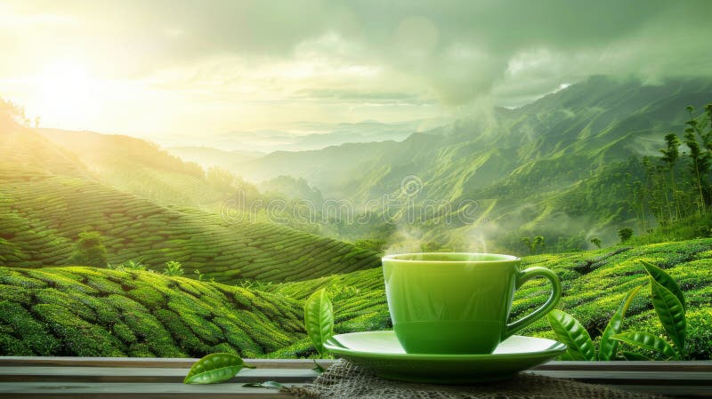 Serene bergsteplantering, grön tekopp på lush-fält perfekt för text med högkvalitativ bild stock illustrationer