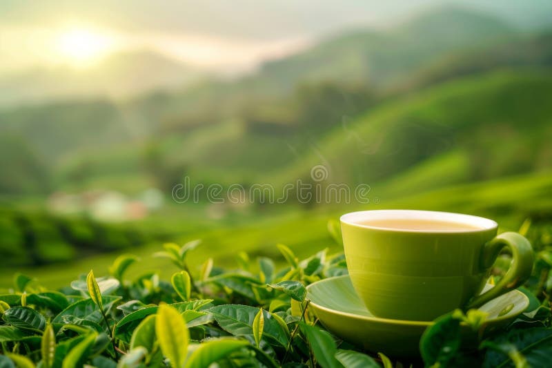 Serene bergsteplantering, grön tekopp på lush-fält perfekt för text med högkvalitativ bild stock illustrationer