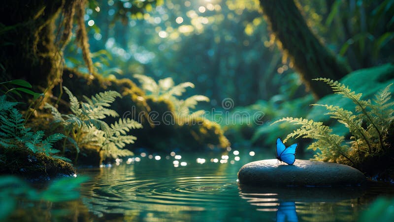 Serene Blue Morpho Butterfly su una Pietra di Pond Tranquil nella foresta pluviale di Lush royalty illustrazione gratis