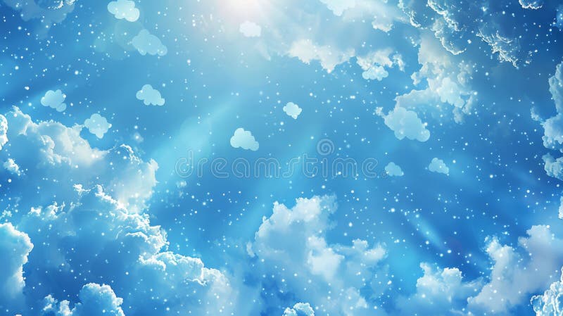 Serene Blue Sky with Sun Rays Piercing Through Fluffy Clouds stock photos
