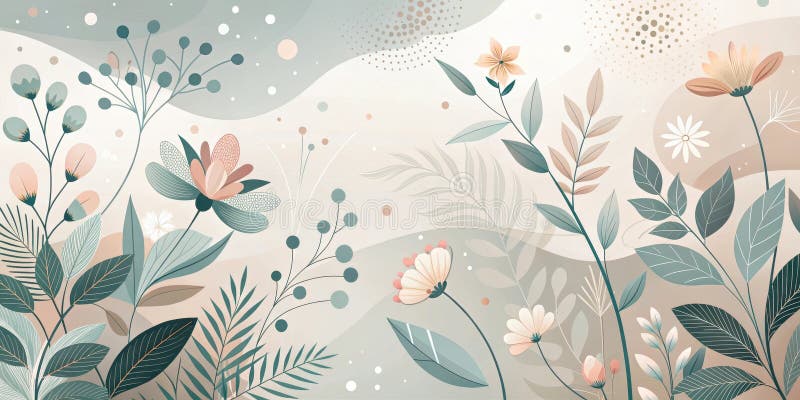 Serene botanical garden illustration featuring delicate floral arrangements and abstract wave patterns in earthy tones. Generative royalty free illustration
