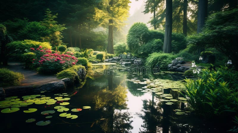 Serene Botanical Garden: A Tranquil Oasis In The Woods stock illustration