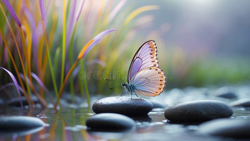 Serene Butterfly su Stones lisce da una colonna tranquilla illustrazione vettoriale