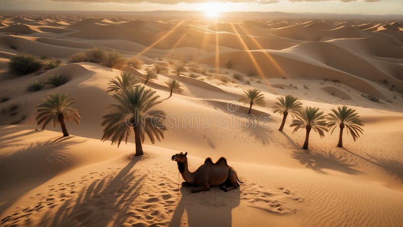 Serene Camel in Golden Wüste Sunset stock abbildung