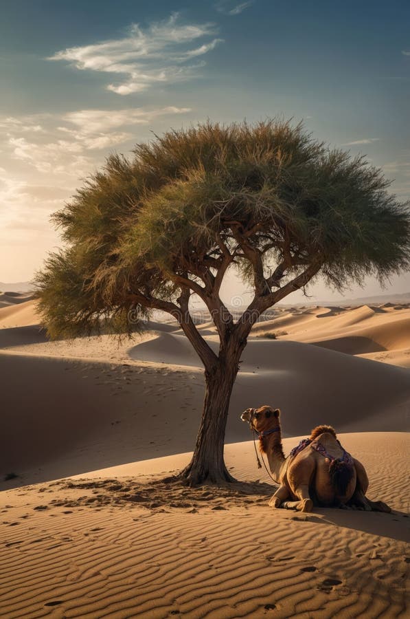 Serene Camel ruht unter Wüstenbaum bei Sonnenuntergang stock abbildung