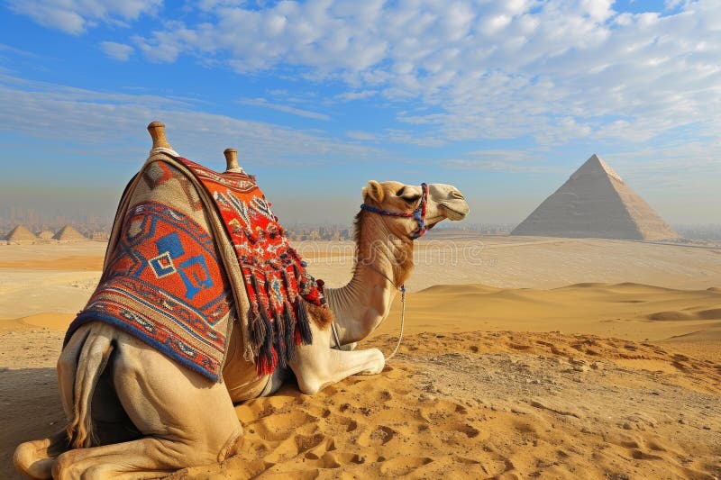 Serene camel αναπαύεται από τις πυραμίδες της γκίζας διανυσματική απεικόνιση