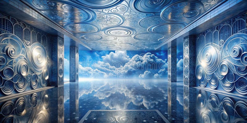 Serene celestial pavilion intricate blue metalwork, reflective floor, and dreamlike cloudscape. Generative AI stock illustration
