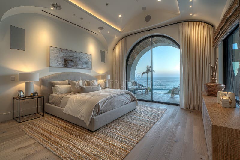 Serene Coastal Bedroom with Arched Ceiling and Modern Design Elements ...