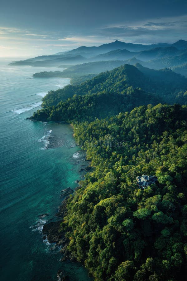 Serene Coastal Paradise: Lush Jungle Meets Azure Ocean royalty free illustration