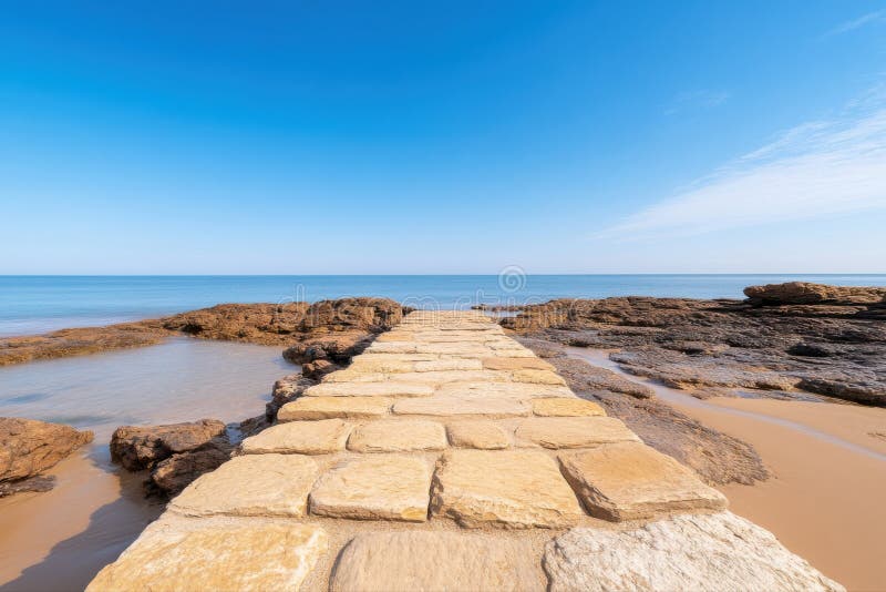 Serene Coastal Pathway: A Stone-Paved Path Leading to the Ocean royalty free illustration