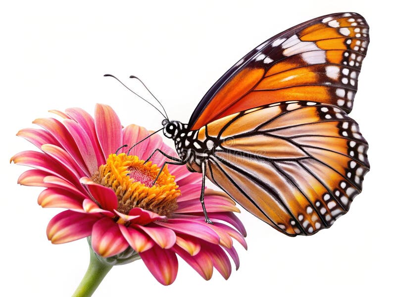 A Serene Common Tiger Butterfly on a Delicate Blossom Long Exposure Photography Isolated on a White Background Perfect stock illustration