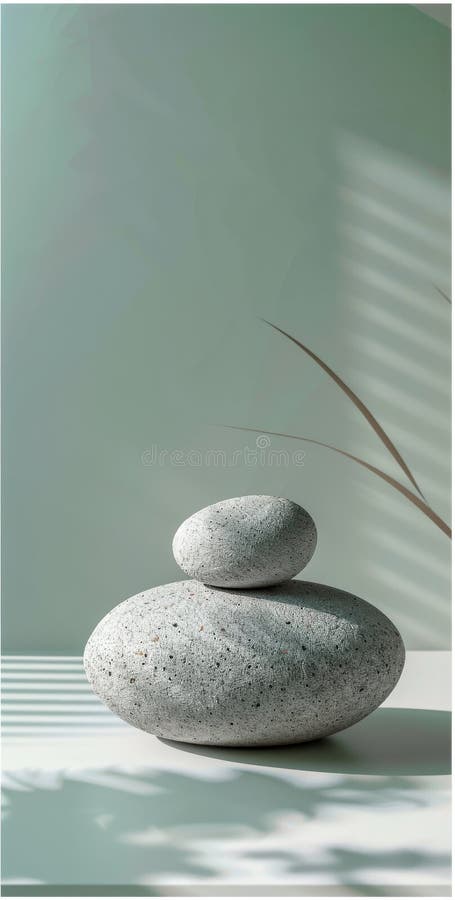 Minimalist zen stone stack with flat round stones under natural light stock photography