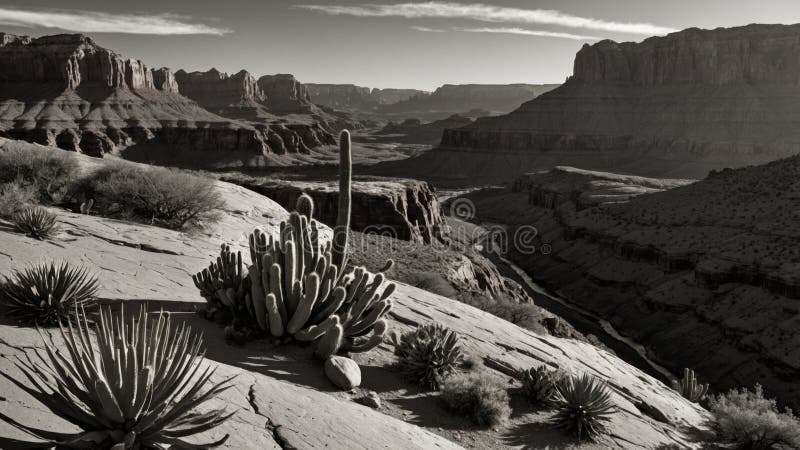 A black and white landscape photography of Arizona desert with cactus plants. The sky is bright, and the scene has a panoramic view. Panorama arizona illustrations