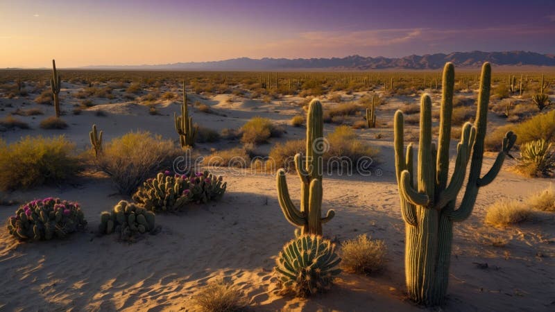 Scenic panorama of the Arizona desert at sunset, featuring towering saguaro cacti, flowering cacti, and golden light across the sandy landscape. Panorama arizona illustrations