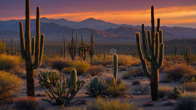 Serene desert landscape at sunset with towering cacti and mountains in the background illustration libre de droits
