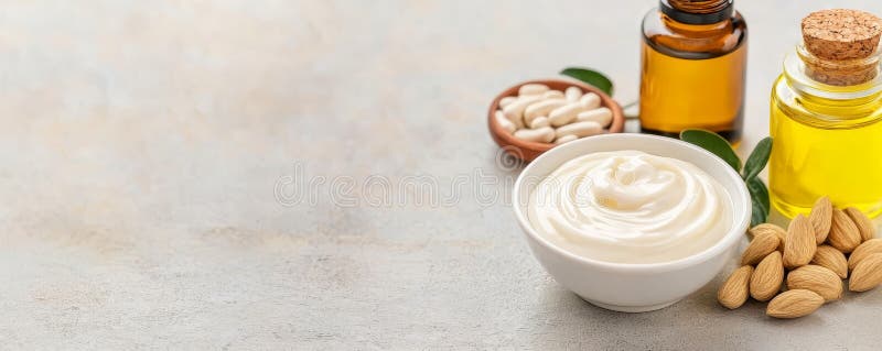 A serene display of skincare essentials featuring cream oils and almonds arranged neatly on a textured surface royalty free illustration