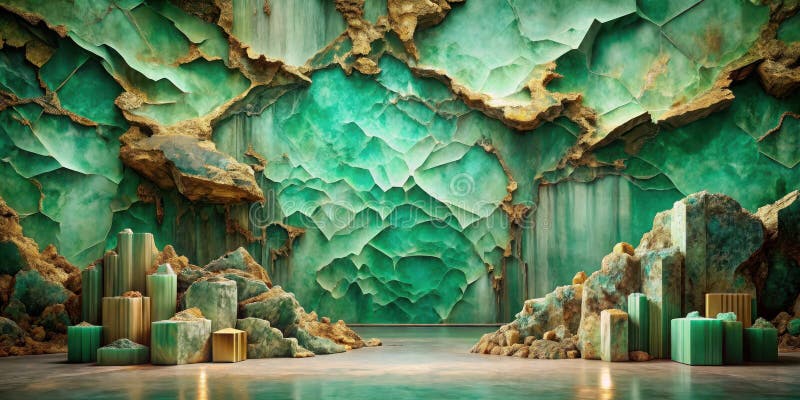 Serene emerald and gold geode interior design with abstract rock formations and polished floor. Generative AI vector illustration