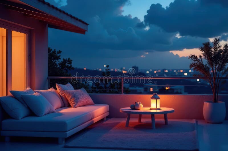 Serene evening relaxation on a rooftop terrace with warm lighting and city views. Generative AI royalty free illustration