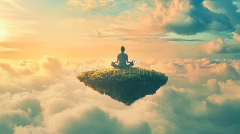 A serene figure meditating on a floating island among soft clouds. This image evokes peace and tranquility. Perfect for relaxation royalty free stock image