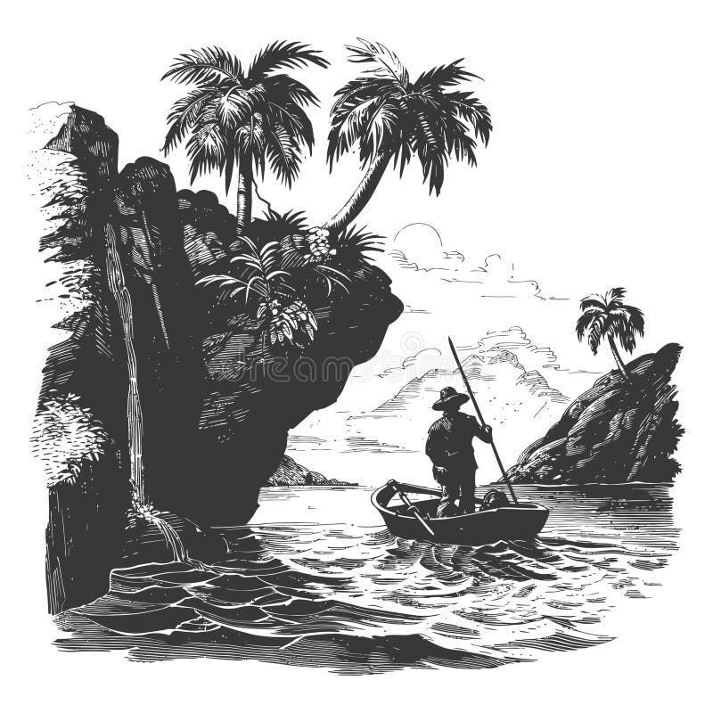 Serene Fisherman in Tropical Paradise : Eine Schwarz-Weiß-Illustration stock abbildung