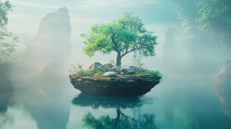 A serene floating island features a lush green tree surrounded by calm waters. Mist envelops the scene, creating a dreamlike stock photography