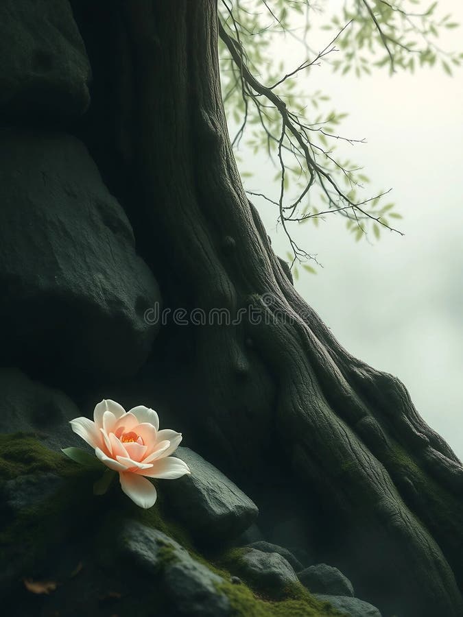 Serene Flower zagnieżdżony przeciwko Majestic Tree Trunk obraz royalty free
