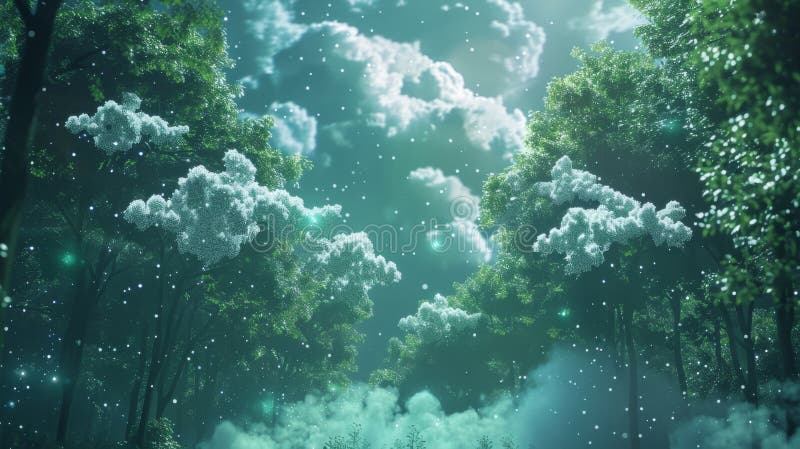 A serene forest with clouds made of blockchain technology symbolizing the natural and secure storage of your crypto royalty free stock image