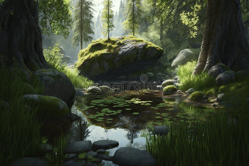 Serene Forest Glade with Tall Trees and Gentle Stream Stock