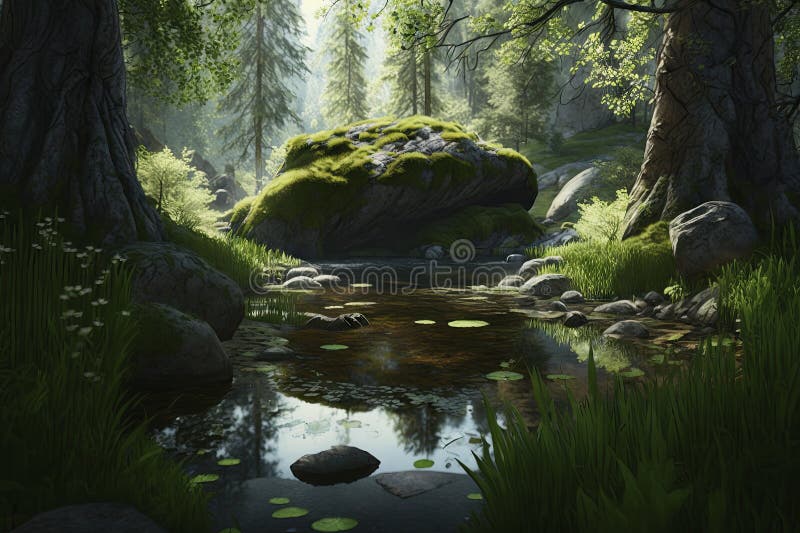 Serene Forest Glade with Tall Trees and Gentle Stream Stock