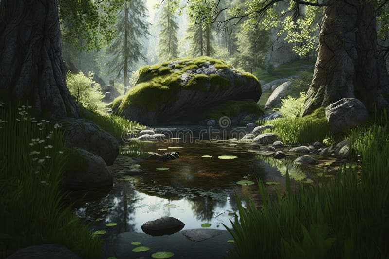 Serene Forest Glade with Tall Trees and Gentle Stream Stock ...