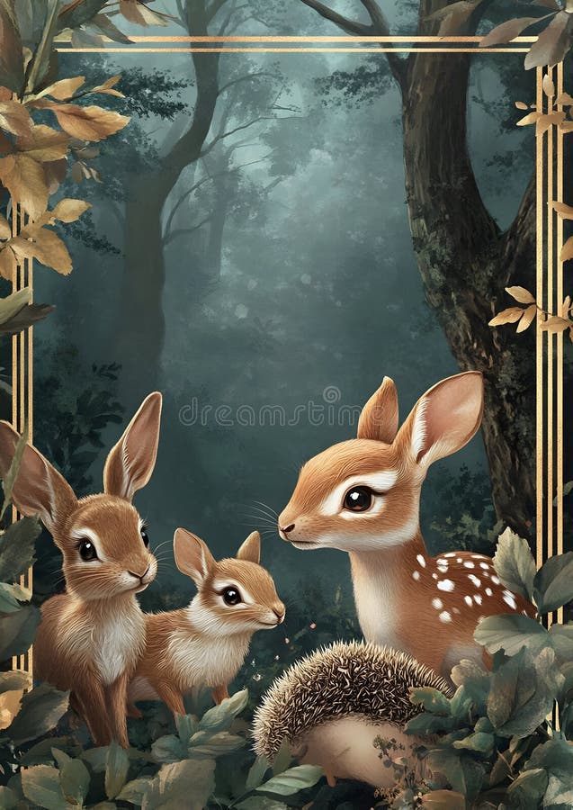 A Serene Forest Scene Featuring a Deer and Two Rabbits Amidst Lush ...