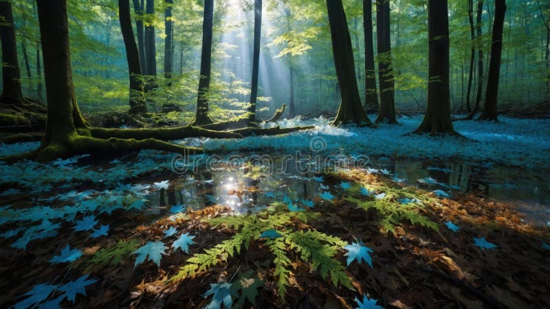 Enchanted Forest Pond with Sunbeams and Blue Maple Leaves stock illustration