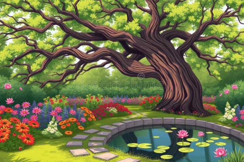 Ancient tree in tranquil garden vector illustration