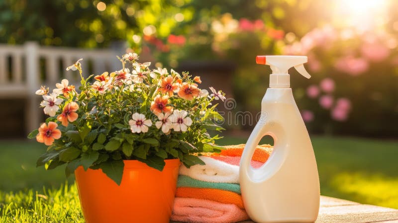 A serene garden setting features a sunlit spray bottle accompanied by a basket of orange flowers royalty free stock image