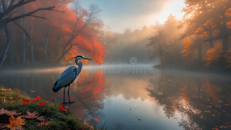Serene Great Blue Heron am Misti Autumn Lake stock abbildung