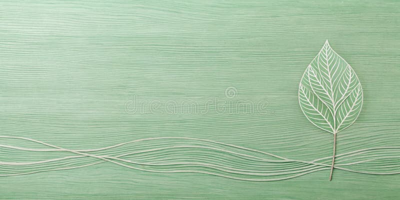 Serene green leaf design on wood grain surface with abstract wave pattern. Generative AI royalty free illustration