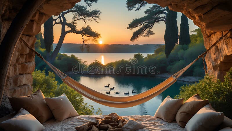 Serene Hammock Haven : Widok spokojnego jeziora z jaskini kamiennej ilustracji