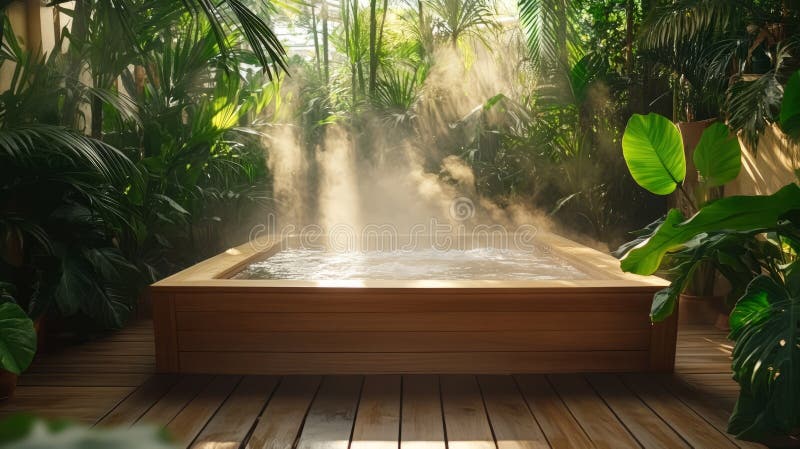 Relaxation awaits in a tranquil hot tub surrounded by vibrant plants and gentle mist. This peaceful oasis invites guests to unwind in nature's embrace at any time of day. Pampering experience stock images, royalty-free photos and pictures