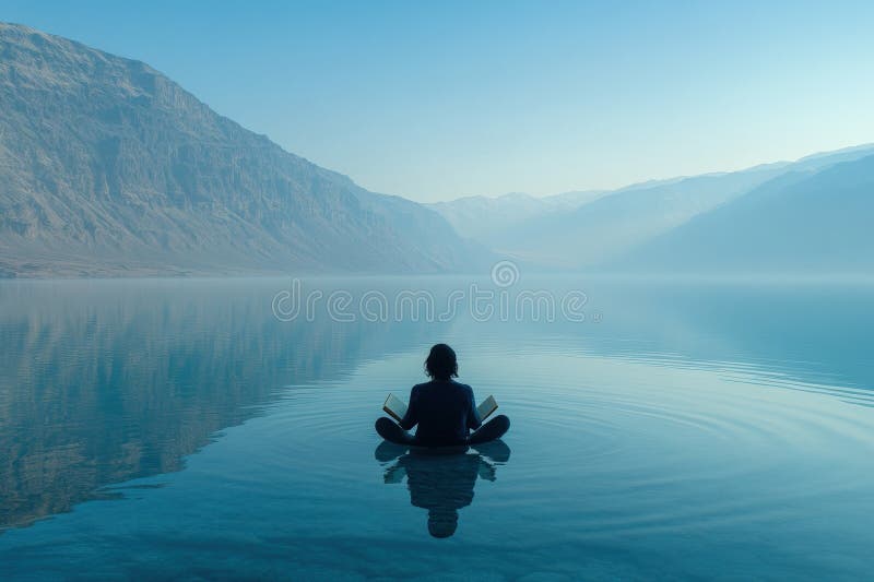 A serene image of someone reading a book while floating in the Dead Sea royalty free stock image