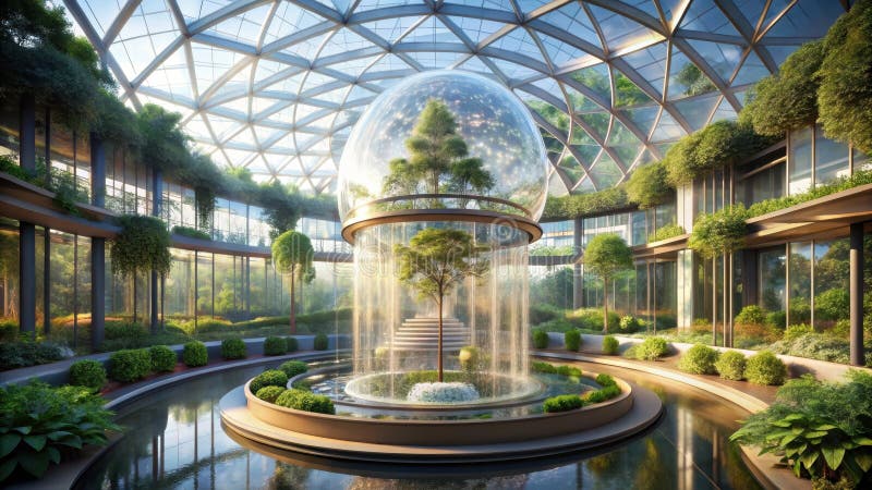 Serene indoor oasis a futuristic architectural marvel featuring a tranquil waterfall and protected tree within a glass dome stock illustration