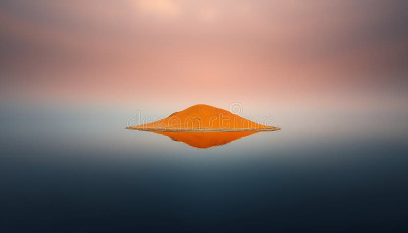 Serene insulă de nisip portocaliu reflectând în apă încă întunecată sub un cer pastel royalty free illustration