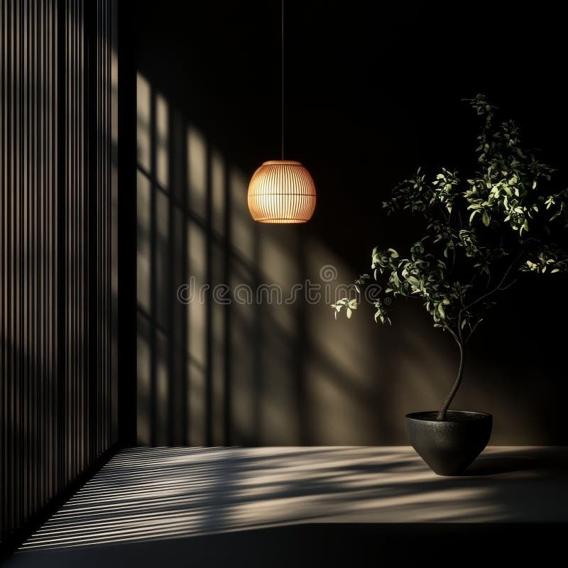 Floating golden lantern illuminates a tranquil space in soft shadows. Generative AI royalty free stock photo