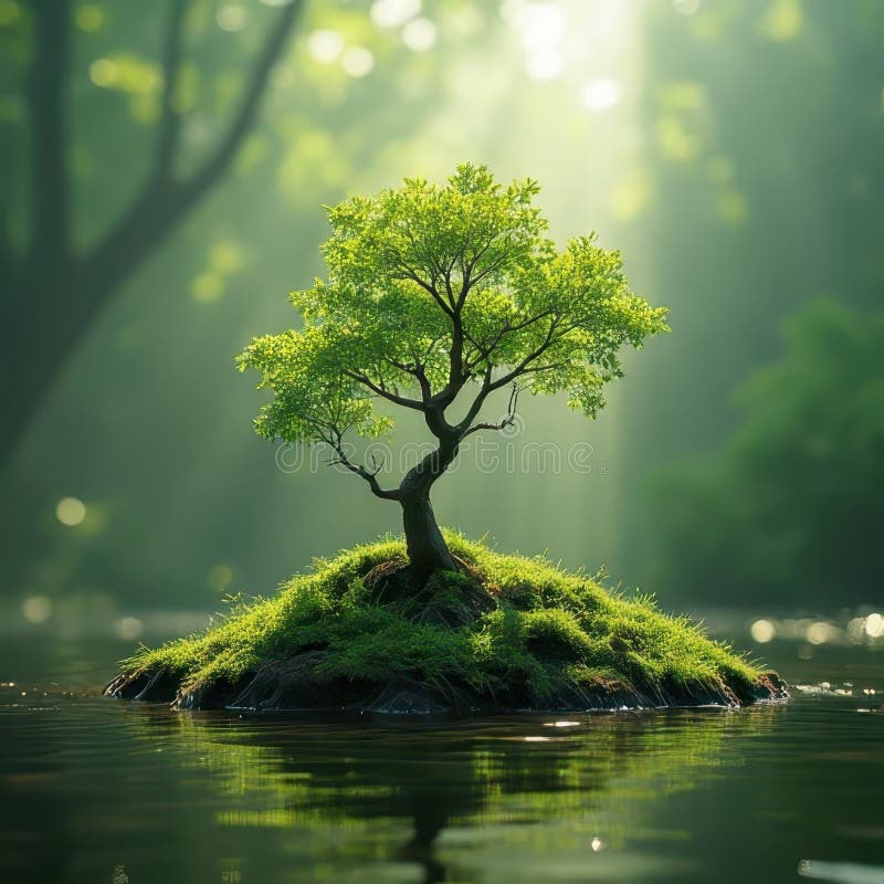 Serene Island Tree i Tranquil Waters royaltyfri illustrationer